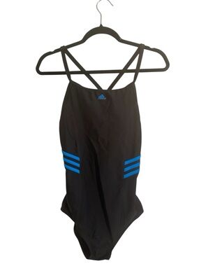 NWT Adidas Black Performance One-Piece Swimsuit with Blue Stripes